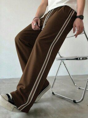 Coffee Brown Athletic Men's Knitted Side Stripe Long Pants